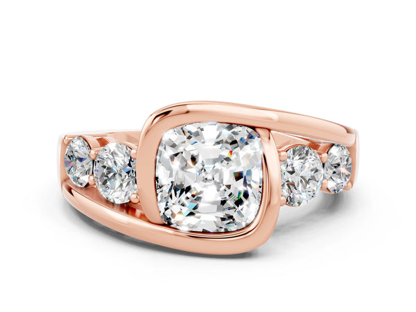 Rose gold Bezel Set Cushion Cut Moissanite Bypass Ring with Round  Accents