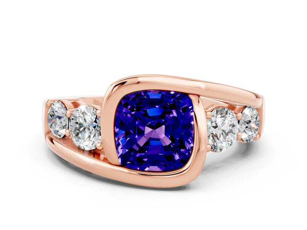 Rose gold Bezel Set Cushion Cut Tanzanite Bypass Ring with Round  Accents