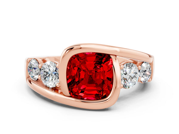 Rose gold Bezel Set Cushion Cut Ruby Bypass Ring with Round  Accents