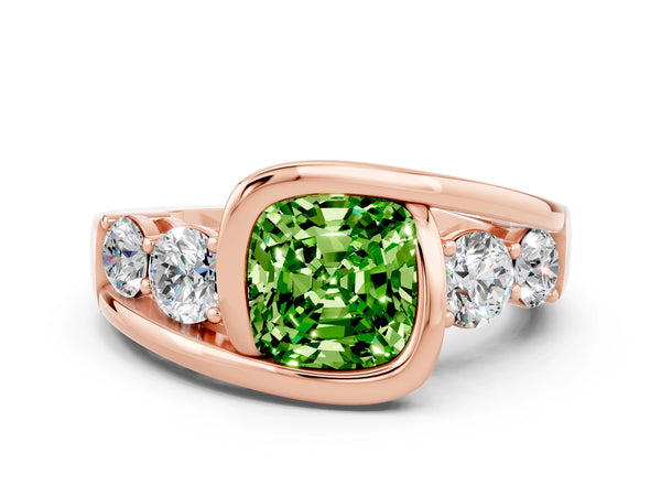 Rose gold Bezel Set Cushion Cut Peridot Bypass Ring with Round  Accents