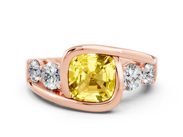 Rose gold Bezel Set Cushion Cut Yellow Sapphire Bypass Ring with Round  Accents