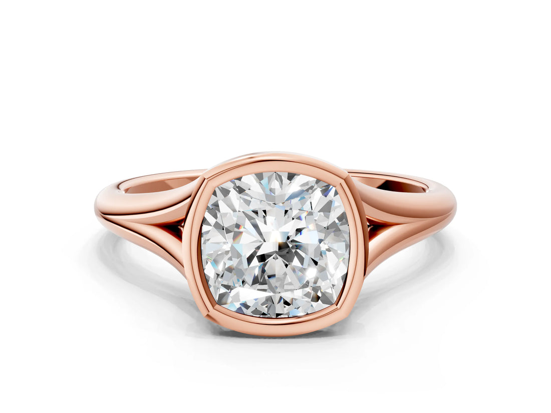 Rose gold Bezel Set Cushion Cut Solitaire Ring with Tapered Band 1