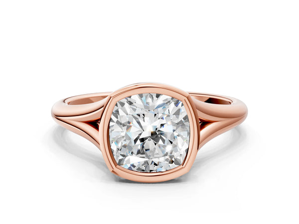 Rose Gold Cushion Cut Bezel Solitaire Engagement Ring Setting with V Split Shank