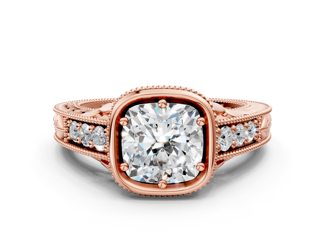 Rose gold Bezel Set Cushion Diamond Milgrain Pave Engagement Ring_36
