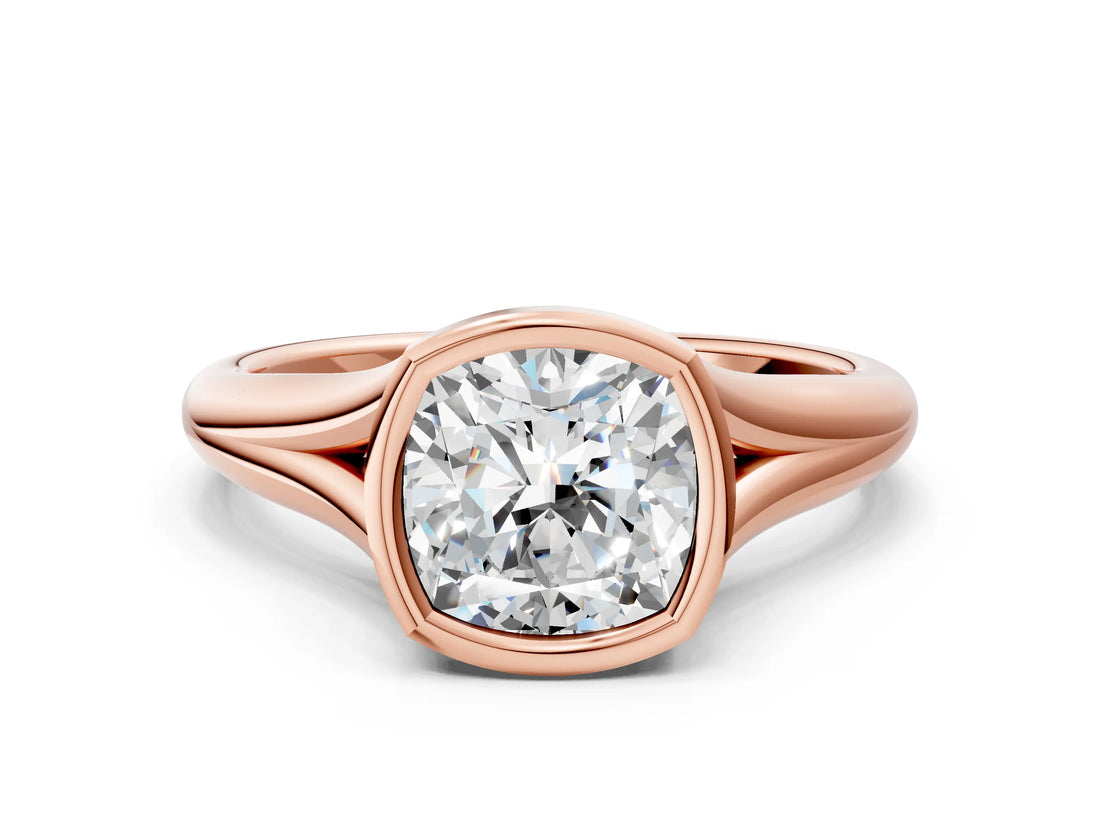 Rose gold Bezel Set Cushion Solitaire Diamond Ring with Smooth Band 1