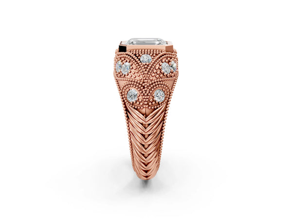 Rose Gold Emerald Cut Vintage Bezel Engagement Ring Setting with Beaded Milgrain Shoulders