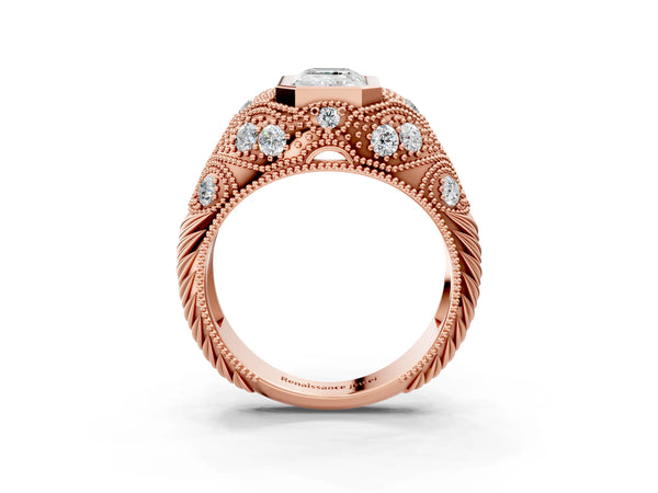 Rose Gold Emerald Cut Vintage Bezel Engagement Ring Setting with Beaded Milgrain Shoulders