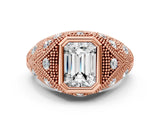 Rose gold Bezel Set Emerald Cut Diamond Milgrain Band Ring_9