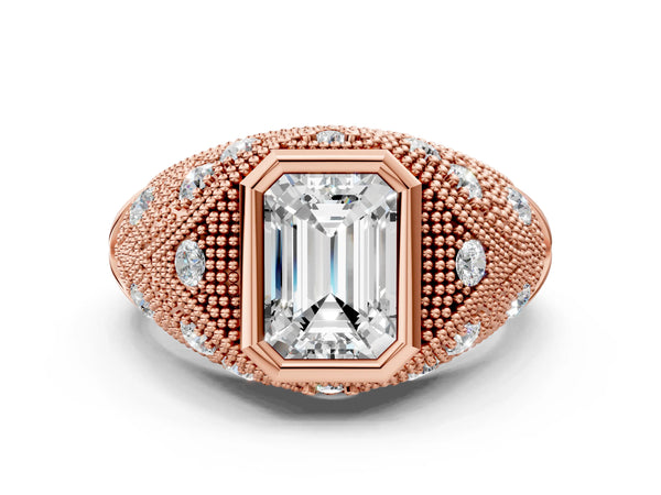 Rose Gold Emerald Cut Vintage Bezel Engagement Ring Setting with Beaded Milgrain Shoulders