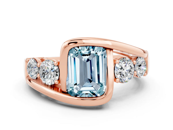 Rose gold Bezel Set Emerald Cut Aquamarine Bypass Ring with Round  Accents