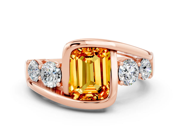 Rose gold Bezel Set Emerald Cut Citrine Bypass Ring with Round  Accents