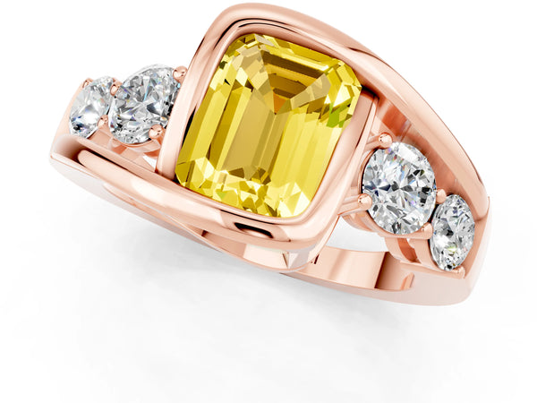 Rose gold Bezel Set Emerald Cut Yellow Sapphire Bypass Ring with Round  Accents