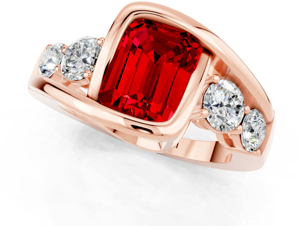 Rose gold Bezel Set Emerald Cut Ruby Bypass Ring with Round  Accents