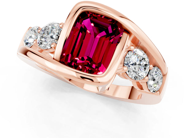 Rose gold Bezel Set Emerald Cut Garnet Bypass Ring with Round  Accents