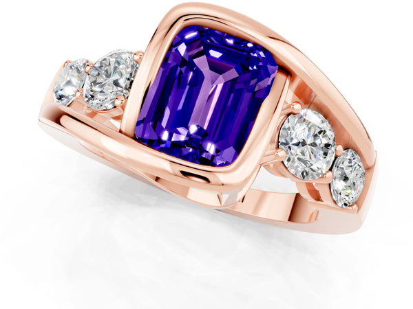 Rose gold Bezel Set Emerald Cut Tanzanite Bypass Ring with Round  Accents