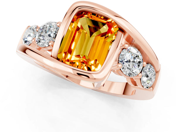 Rose gold Bezel Set Emerald Cut Citrine Bypass Ring with Round  Accents