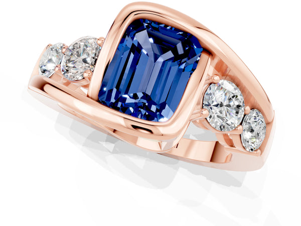 Rose gold Bezel Set Emerald Cut Blue Sapphire Bypass Ring with Round  Accents