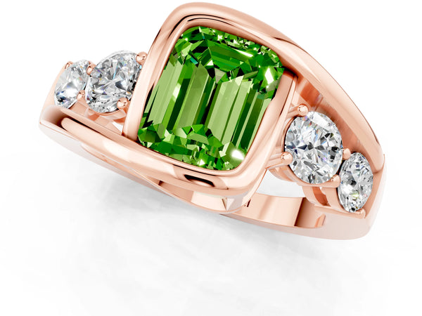 Rose gold Bezel Set Emerald Cut Peridot Bypass Ring with Round  Accents