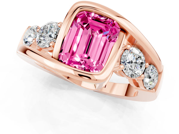 Rose gold Bezel Set Emerald Cut Pink Sapphire Bypass Ring with Round  Accents