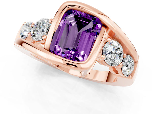 Rose gold Bezel Set Emerald Cut Amethyst Bypass Ring with Round  Accents