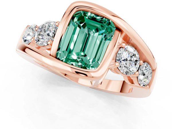 Rose gold Bezel Set Emerald Cut Green Sapphire Bypass Ring with Round  Accents