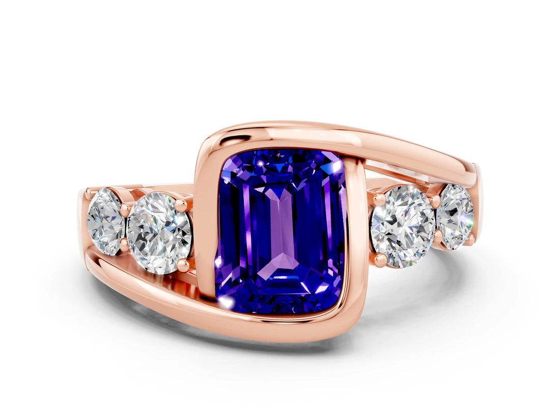 Rose gold Bezel Set Emerald Cut Diamond Split Shank Ring