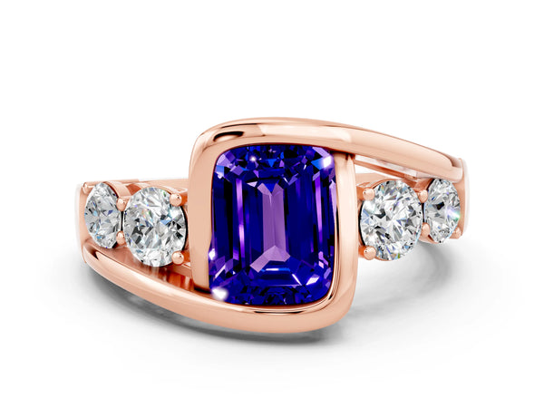 Rose gold Bezel Set Emerald Cut Tanzanite Bypass Ring with Round  Accents