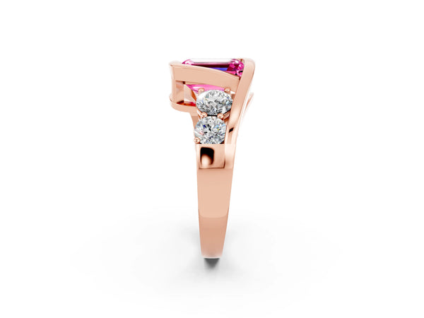 Rose gold Bezel Set Emerald Cut Pink Sapphire Bypass Ring with Round  Accents