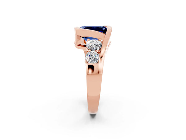 Rose gold Bezel Set Emerald Cut Blue Sapphire Bypass Ring with Round  Accents