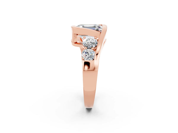 Rose gold Bezel Set Emerald Cut Moissanite Bypass Ring with Round  Accents