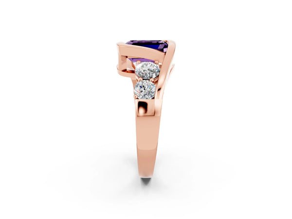 Rose gold Bezel Set Emerald Cut Amethyst Bypass Ring with Round  Accents