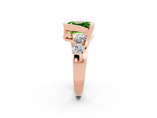 Rose gold Bezel Set Emerald Cut Peridot Bypass Ring with Round  Accents