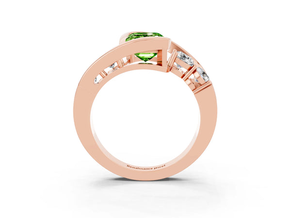 Rose gold Bezel Set Emerald Cut Peridot Bypass Ring with Round  Accents