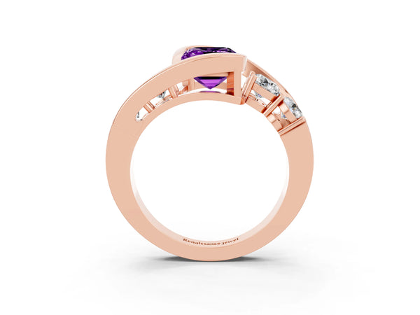 Rose gold Bezel Set Emerald Cut Amethyst Bypass Ring with Round  Accents