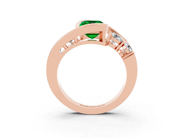 Rose gold Bezel Set Emerald Cut Emerald Bypass Ring with Round  Accents