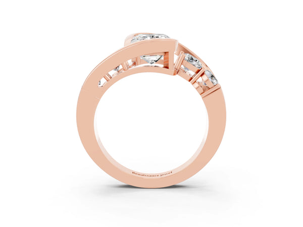 Rose gold Bezel Set Emerald Cut Moissanite Bypass Ring with Round  Accents