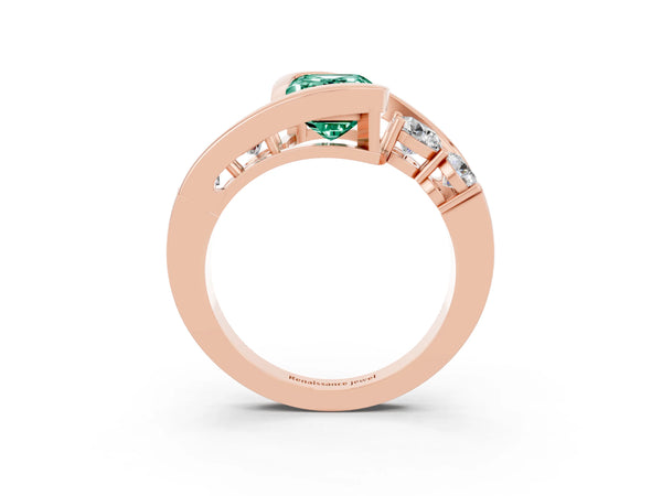 Rose gold Bezel Set Emerald Cut Green Sapphire Bypass Ring with Round  Accents