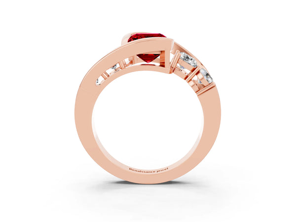 Rose gold Bezel Set Emerald Cut Ruby Bypass Ring with Round  Accents