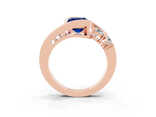 Rose gold Bezel Set Emerald Cut Blue Sapphire Bypass Ring with Round  Accents