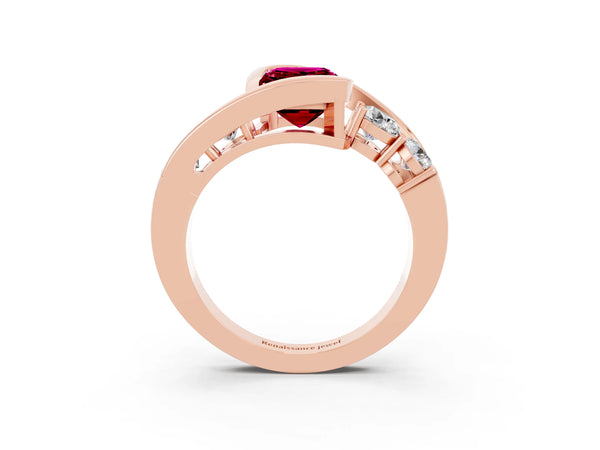 Rose gold Bezel Set Emerald Cut Garnet Bypass Ring with Round  Accents