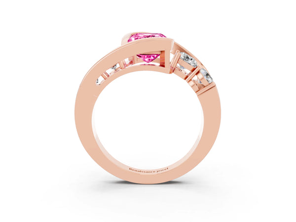Rose gold Bezel Set Emerald Cut Pink Sapphire Bypass Ring with Round  Accents