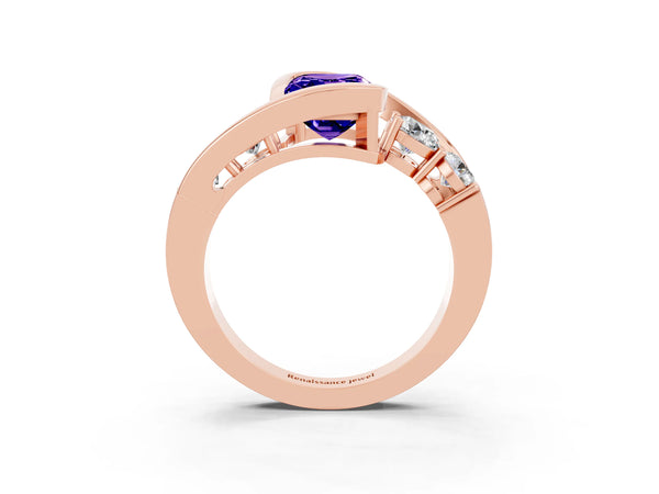 Rose gold Bezel Set Emerald Cut Tanzanite Bypass Ring with Round  Accents
