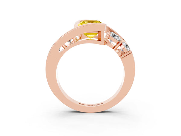 Rose gold Bezel Set Emerald Cut Yellow Sapphire Bypass Ring with Round  Accents