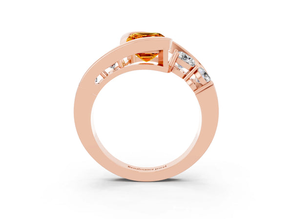 Rose gold Bezel Set Emerald Cut Citrine Bypass Ring with Round  Accents