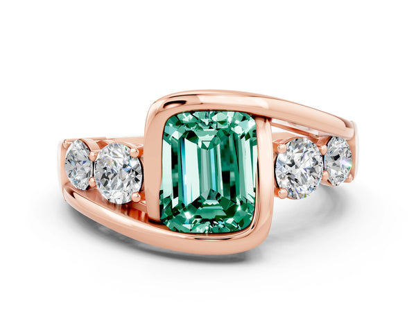 Rose gold Bezel Set Emerald Cut Green Sapphire Bypass Ring with Round  Accents