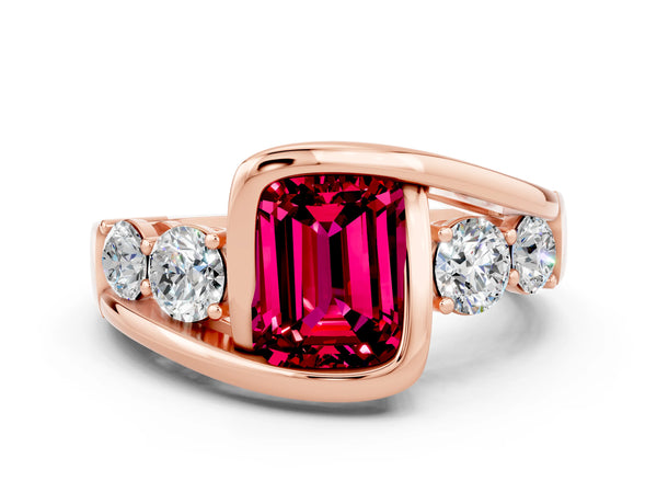 Rose gold Bezel Set Emerald Cut Garnet Bypass Ring with Round  Accents