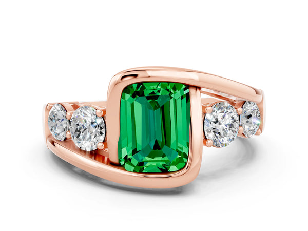 Rose gold Bezel Set Emerald Cut Emerald Bypass Ring with Round  Accents