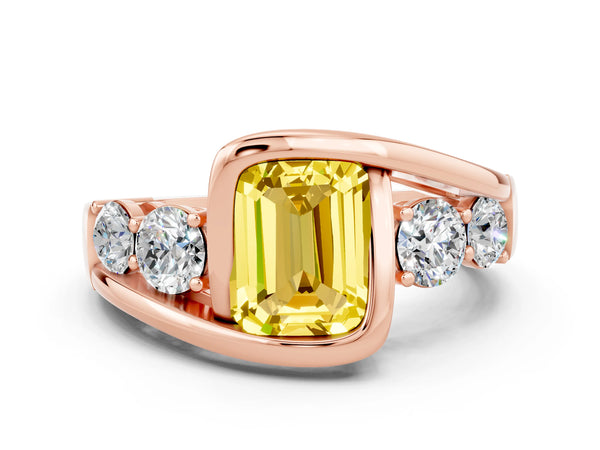 Rose gold Bezel Set Emerald Cut Yellow Sapphire Bypass Ring with Round  Accents