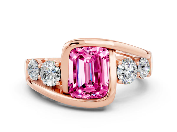 Rose gold Bezel Set Emerald Cut Pink Sapphire Bypass Ring with Round  Accents