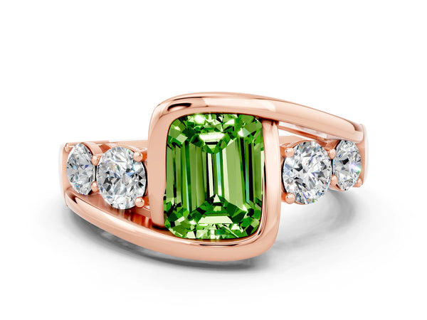 Rose gold Bezel Set Emerald Cut Peridot Bypass Ring with Round  Accents